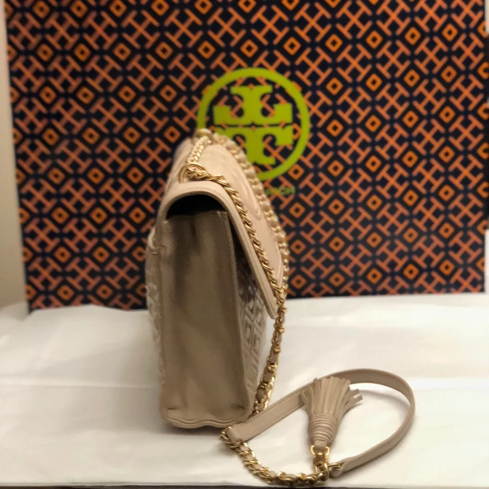 Tory Burch Soft Pink Quilted Leather Crossbody with Gold Chain